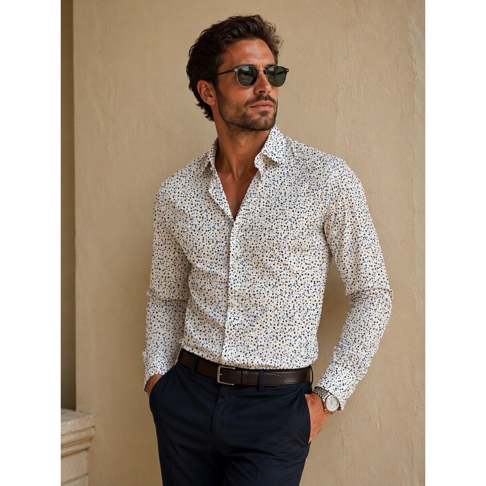 Michael Kors Men M Button Up Blue Black Polka Dots Trim Stretch Long Sleeve - Picture 11 of 11